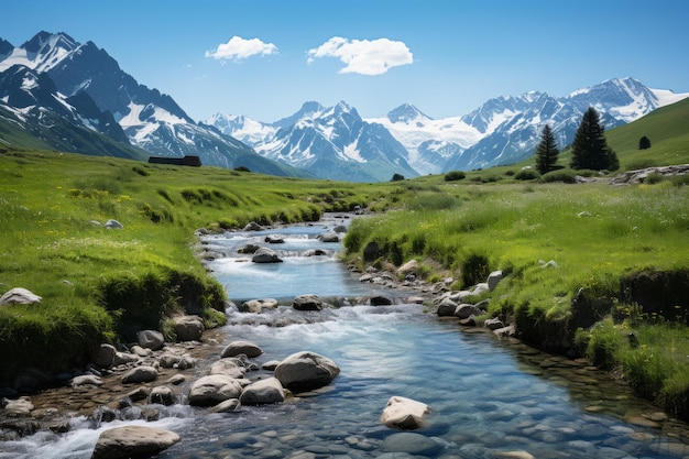 Scenic mountain landscape with river flowing through valley