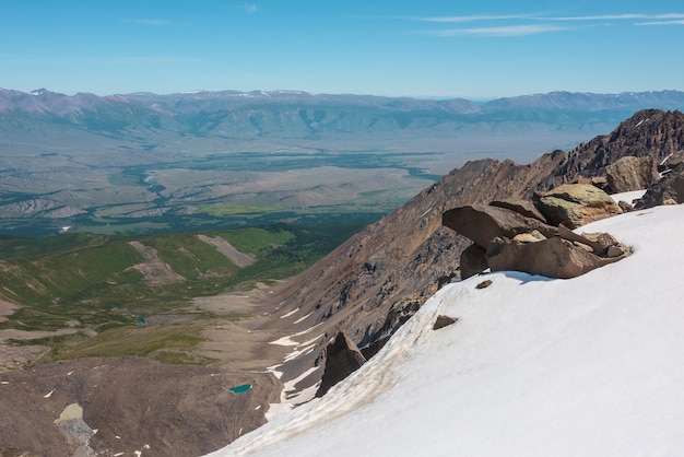 Paesaggio montano panoramico con rocce affilate tra la neve vicino all'abisso fino ad altissima quota splendida vista vertiginosa dal bordo del precipizio con cornice di neve alla grande catena montuosa sotto il cielo blu in una giornata di sole