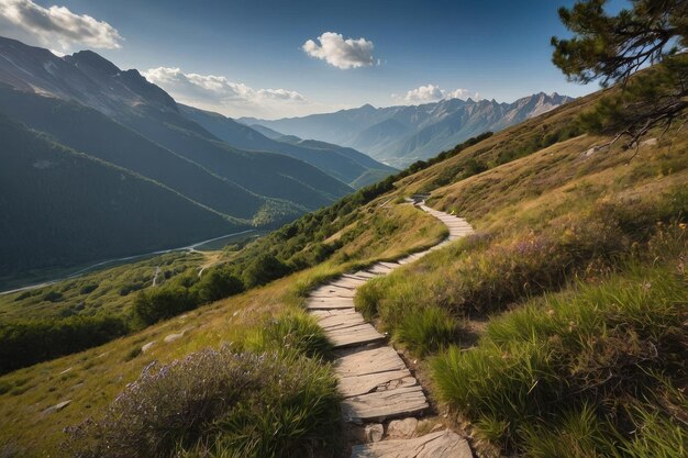 Foto un sentiero di montagna panoramico sotto il cielo aperto