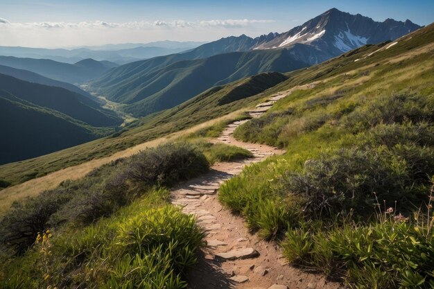 Foto un sentiero di montagna panoramico sotto il cielo aperto