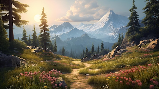 Scenic Mountain Path with Flowers and Pine Trees