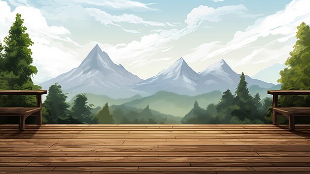 A scenic mountain view behind a wooden table