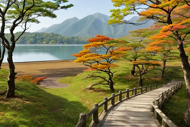 Scenic nature landscape of path near lake