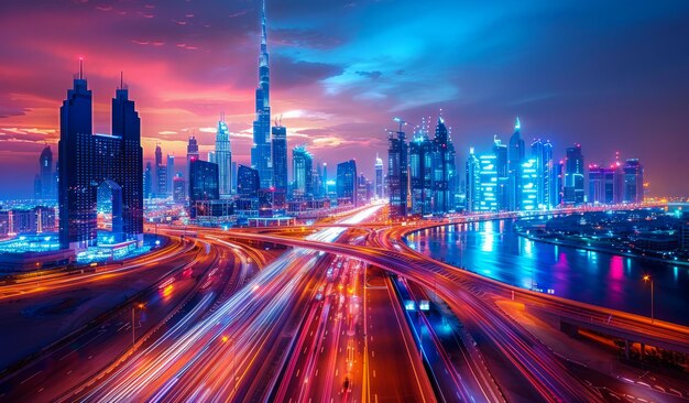 Scenic nighttime skyline of Dubai UAE Aerial view on highways and skyscrapers in the distance