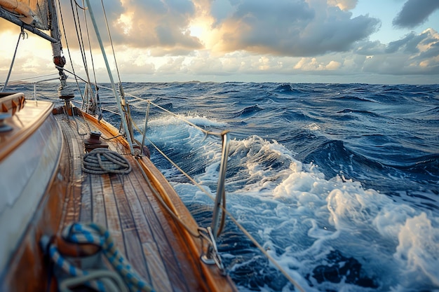 Scenic Oceanic Adventure Sailing Ship on the High Seas with Dramatic Sky at Sunset Nautical