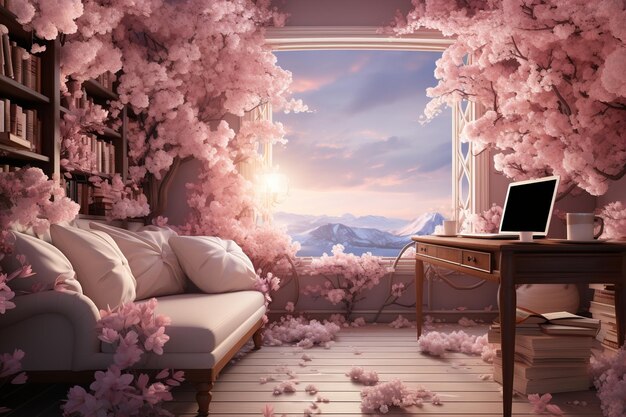 Photo scenic open window view of from a room in cherry blossoms