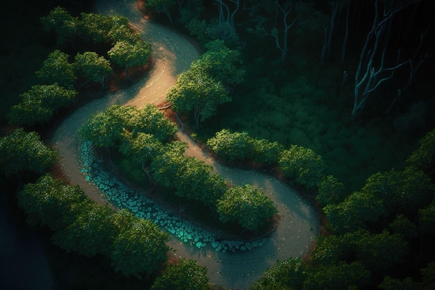 Scenic overhead picture of a forests twisting hiking trail Drone view looking down on a wooded trail A path in the center of a woodland seen from above aerial picture of a wooded trail