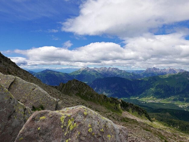 Scenic panorama of the dolomite mountains in summer