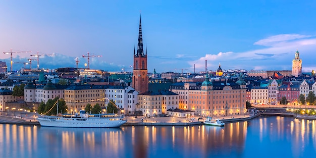 Scenic panoramic aerial view of riddarholmen gamla stan in the old town of stockholm at night sweden