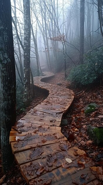 Photo scenic pathway through misty forest