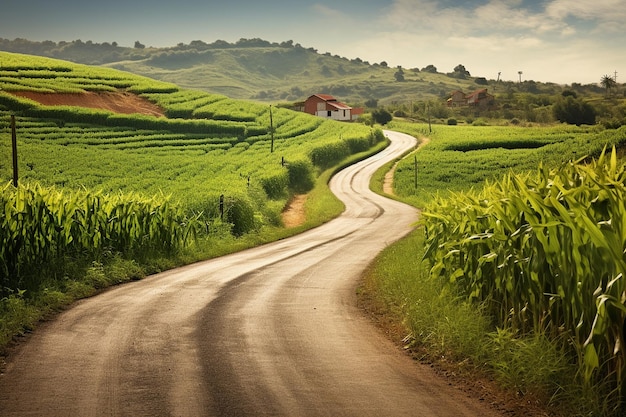 A scenic photo of a winding road cutting through a lush cornfield