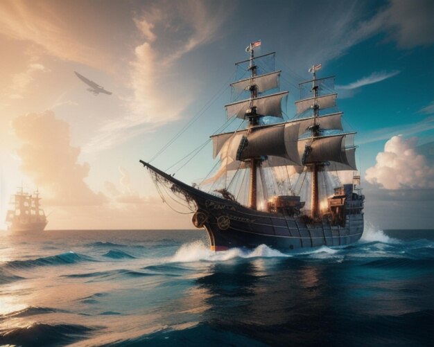Красивый пиратский корабль на прекрасных морях