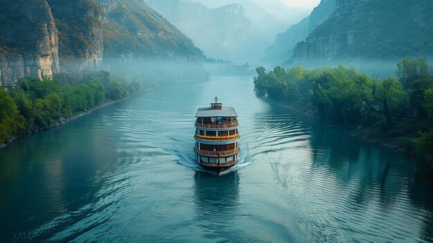 Photo a scenic river cruise through lush green background