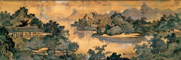 写真 麗な川岸の伝統的な中国絵画川と暗い金色と明るいシアン色で装飾された家を特徴としています