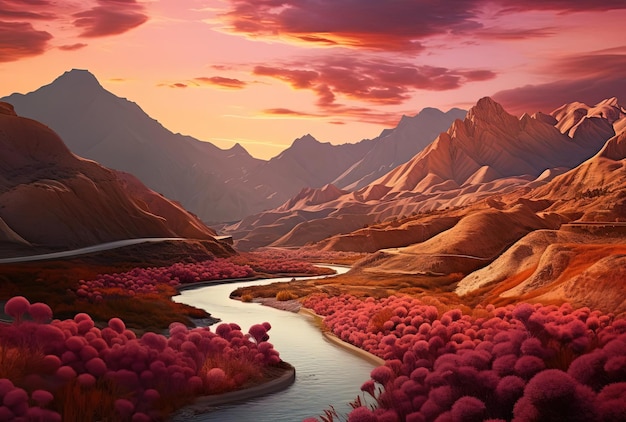 a scenic and road surrounded by colorful mountains in the style of dark pink and orange