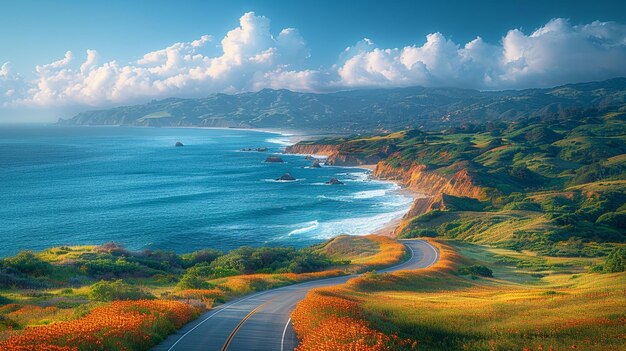 Photo a scenic road trip along winding coastal background