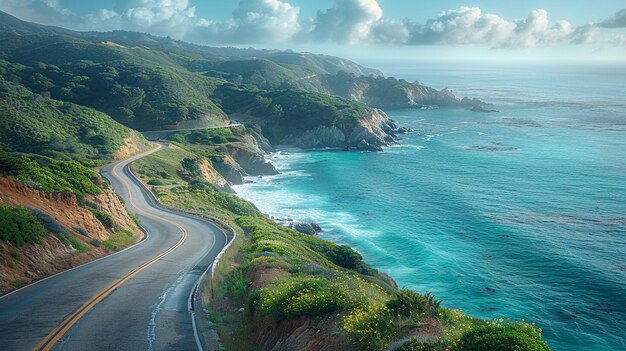 Photo a scenic road trip along winding coastal wallpaper