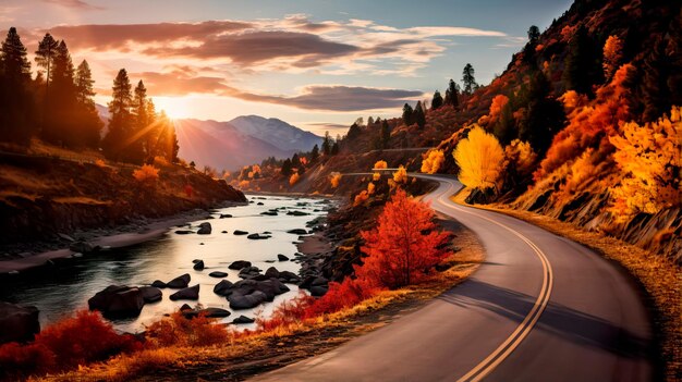 Photo scenic route through a forested mountain pass with vibrant autumn foliage and winding roads