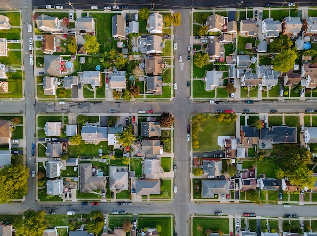 Scenic seasonal landscape from above aerial view of a small town in countryside