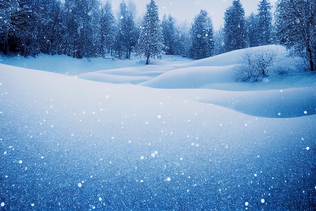 Photo scenic snowy landscape scene with winter sky background with winter trees and mountains, banner size