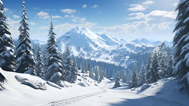 Foto paesaggio innevato sereno maestoso tranquillo gelido invernale paesaggio nevoso coperto di ghiaccio montuoso generato da ai