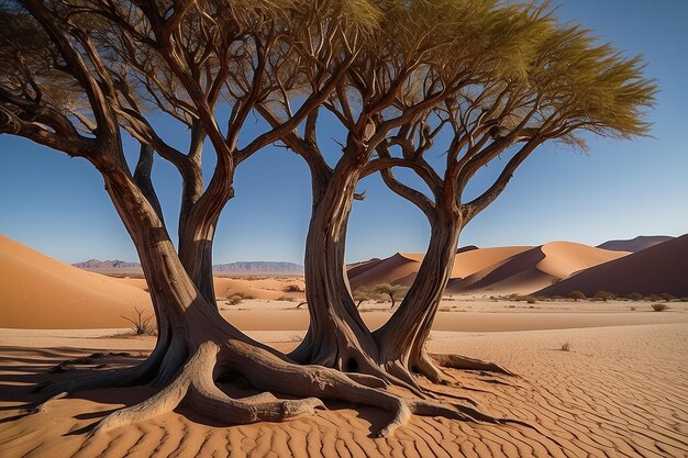 Photo the scenic sossusvlei braided acacia trees surrounded by majestic sand dunes namib naukluft national park