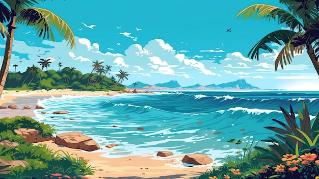 A scenic summer beach with palm trees and a crystal clear ocean fantasy concept illustration painting generative ai