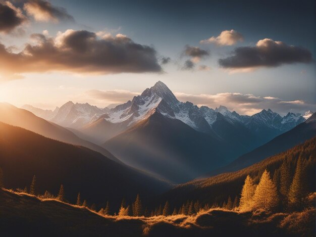 A scenic sunrise in the high mountains of the alpes