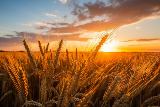 Scenic sunrise over a lush wheat field rural agricultural landscape with bright morning light