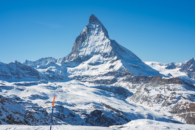 Scenic sunrise or sunset view of matterhorn one of the most famous and iconic swiss mountains