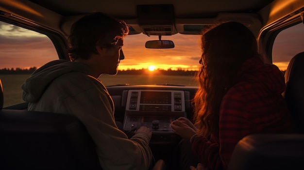 Scenic Sunset Drive Couple Enjoying Romantic Camper Van Travel