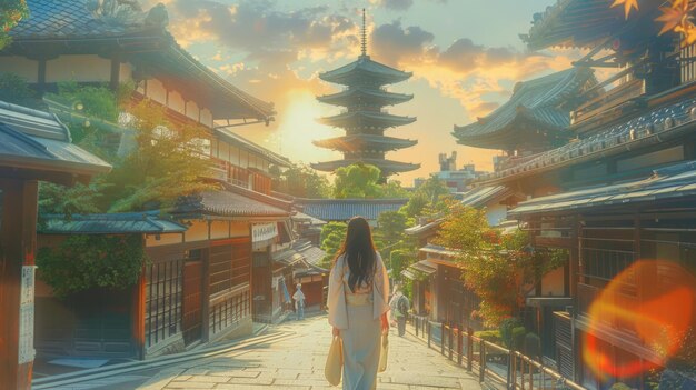 Scenic Sunset View of an Ancient Japanese Pagoda and Traditional Town Street with Walking Woman