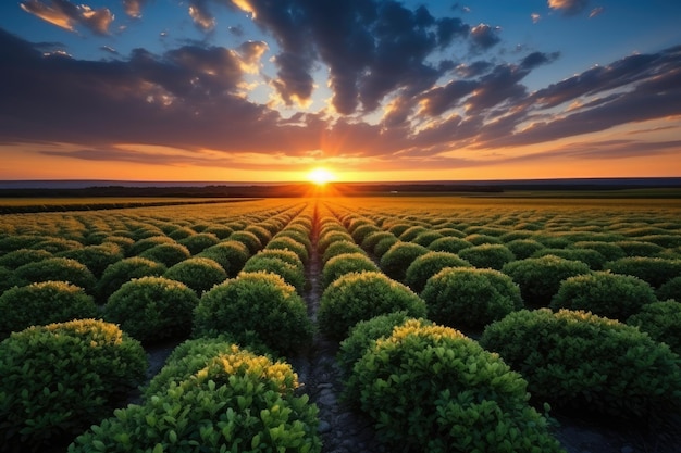 トマトで満たされた緑の畑の上に雲がある美しい夕暮れ プロの写真