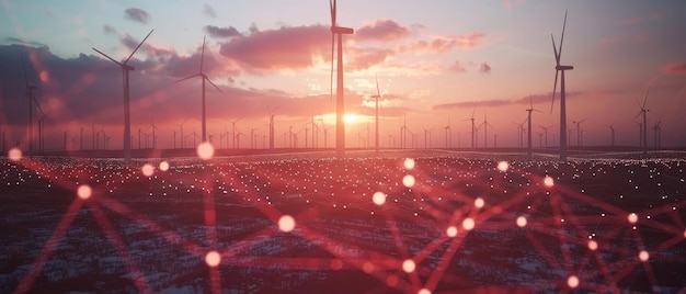 Photo scenic sunset with wind turbines and a digital network overlay illustrating renewable energy