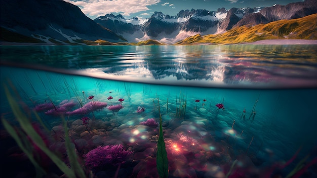 Живописный сверхширокоугольный вид на озеро и горы в летний день, созданный нейронной сетью