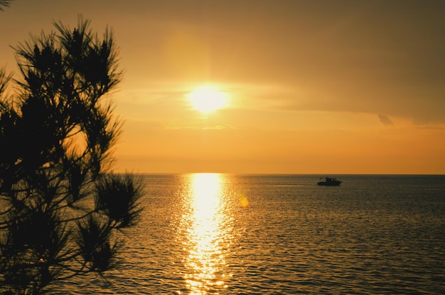 夕方のアドリア海の景色。オレンジ色の夕焼け空。旅行の概念。