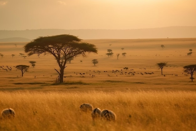 緑豊かな草原のあるアフリカのサバンナの美しい景色