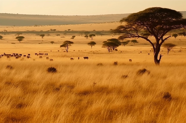 緑豊かな草原のあるアフリカのサバンナの美しい景色