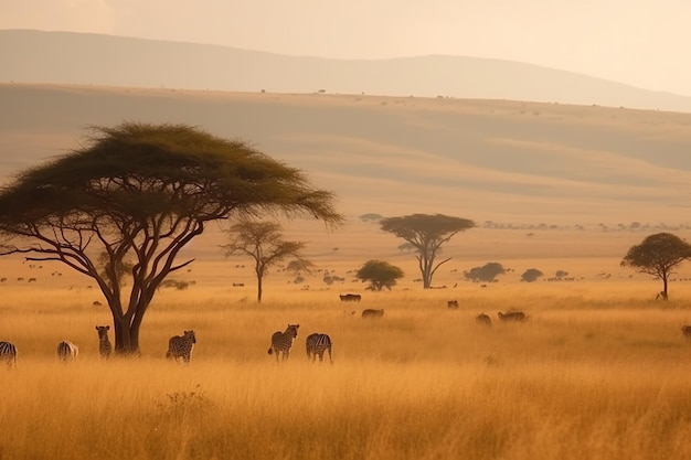 緑豊かな草原のあるアフリカのサバンナの美しい景色