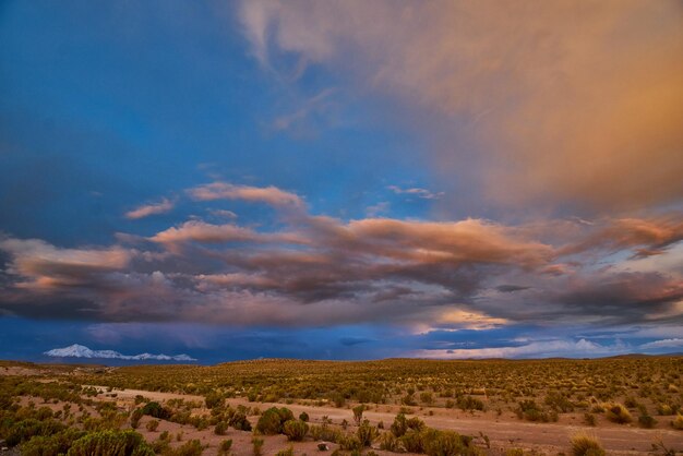 Scenic view of agricultural field against dramatic sky