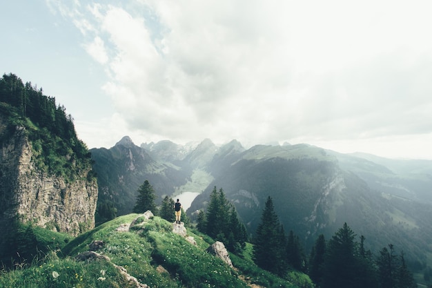 Scenic view of alpstein mountains against cloudy sky