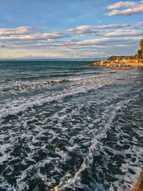 Scenic view to amazing red sunset at the Adriatic sea, coast in Slovenia. summer. Natural background