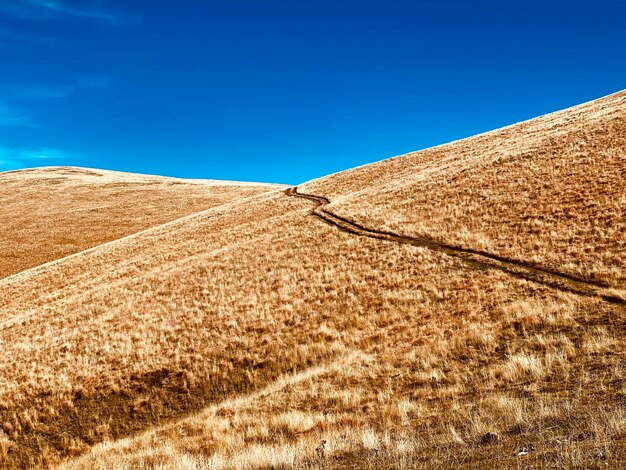 Scenic view of arid landscape against clear blue sky