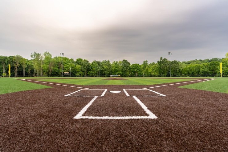 Photo scenic view of a baseball field with artificial grass in cloudy sky background
