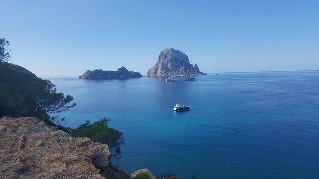 Scenic view of bay against clear sky