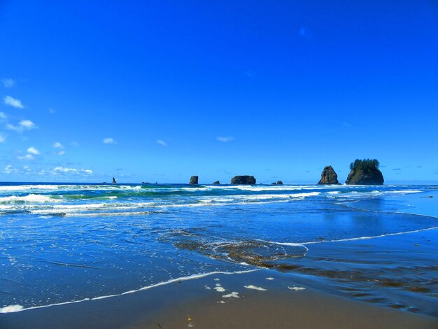 Scenic view of beach against blue sky