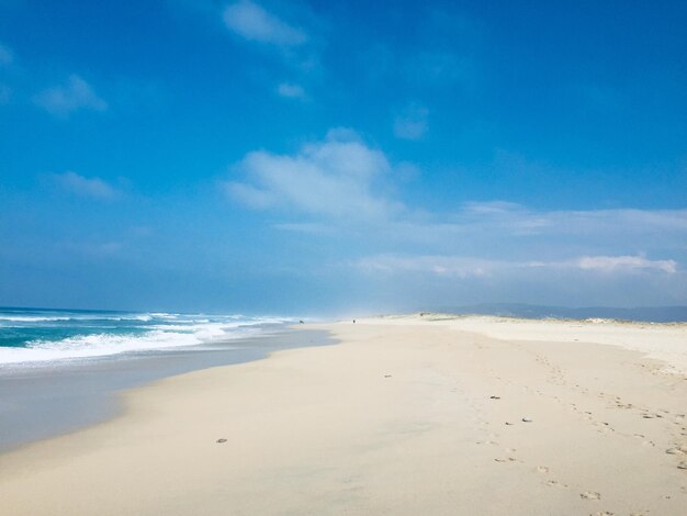 Scenic view of beach against blue sky