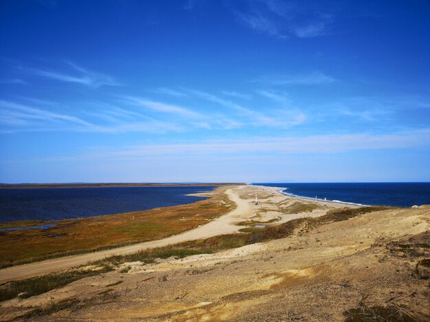 Scenic view of beach against blue sky