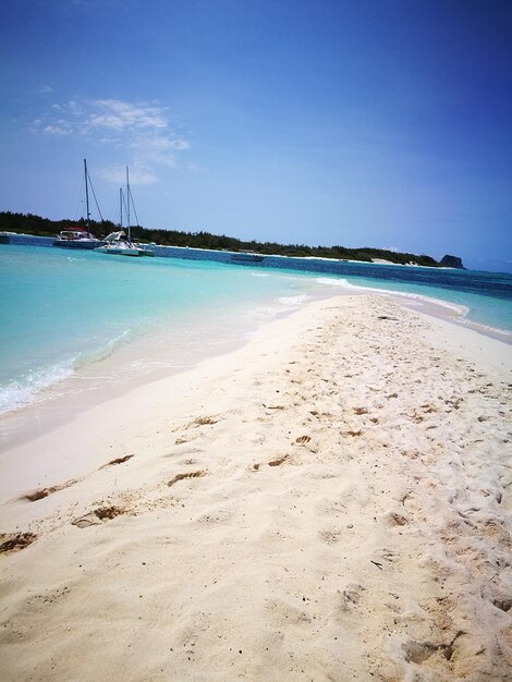 Scenic view of beach against blue sky