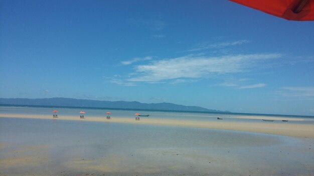 Scenic view of beach against blue sky